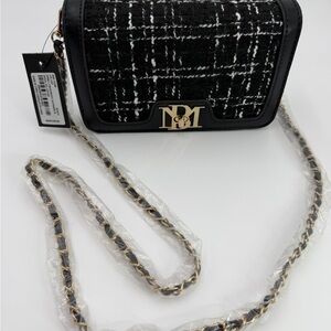 Badgley Mischka Tweed Crossbody Bag Black White Vegan Leather NWT